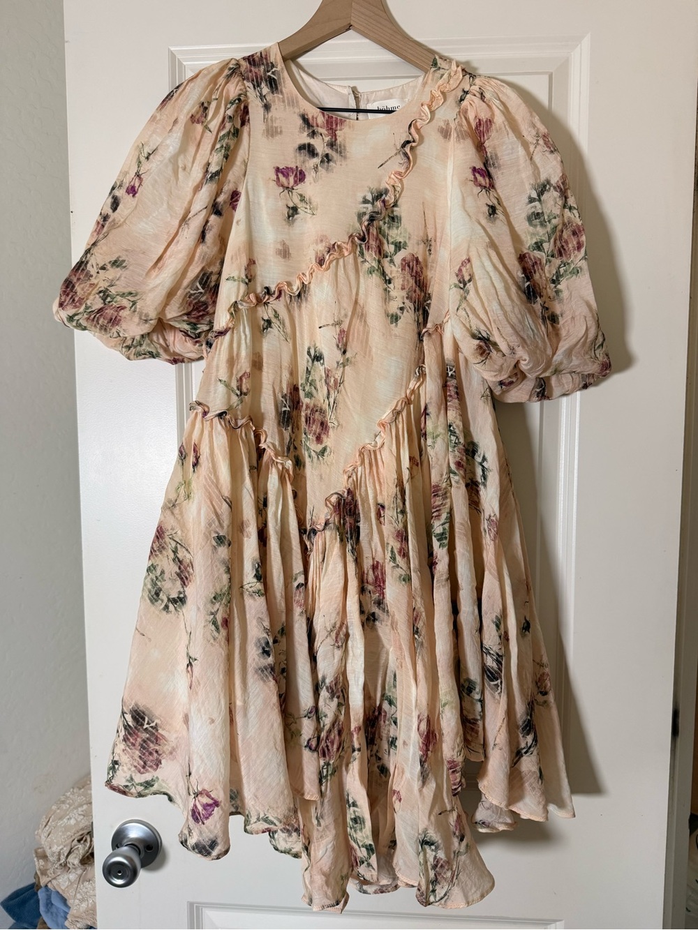 Bohme Peach Floral Ruffle Puff-Sleeve women’s Dress - Picture 3 of 4